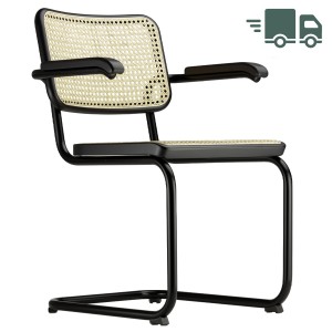 THONET Stahlrohr-Freischwinger S 64 V Rohrgeflecht-Sitz mit Armlehnen - Gestell schwarz matt THONET Stahlrohr-Freischwinger S 64 V Rohrgeflecht-Sitz mit Armlehnen - Gestell schwarz matt