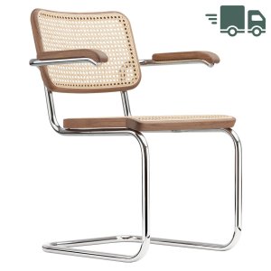 THONET Stahlrohr-Freischwinger S 64 V Nussbaum Pure Materials mit Rohrgeflecht-Sitz u. Armlehnen THONET Stahlrohr-Freischwinger S 64 V Nussbaum Pure Materials mit Rohrgeflecht-Sitz u. Armlehnen