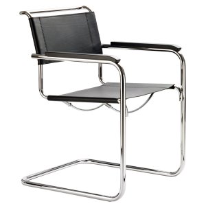 THONET Stahlrohr-Freischwinger S 34 mit Armlehnen Sitz u. Rücken Kernleder schwarz - Gestell chrom THONET Stahlrohr-Freischwinger S 34 mit Armlehnen Sitz u. Rücken Kernleder schwarz - Gestell chrom