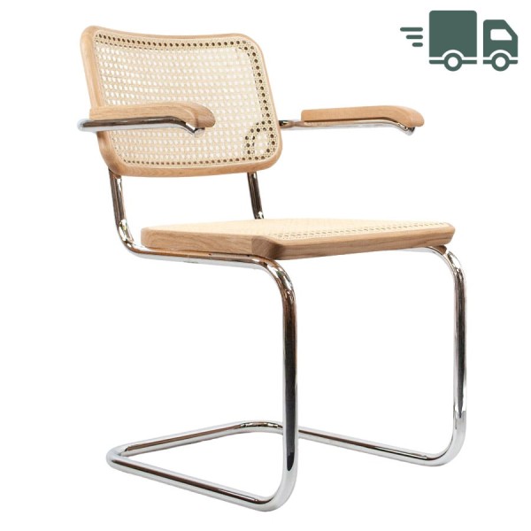 THONET Stahlrohr-Freischwinger S 64 V Eiche Pure Materials mit Rohrgeflecht-Sitz u. Armlehnen