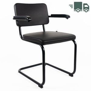 THONET Stahlrohr-Freischwinger S 64 PV Polstersitz Nappa Naturleder schwarz mit Armlehnen THONET Stahlrohr-Freischwinger S 64 PV Polstersitz Nappa Naturleder schwarz mit Armlehnen