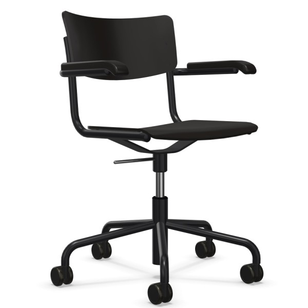 THONET Drehsessel S 43 FDR - Formholzschalen schwarz mit Armlehnen - Gestell/Rollen schwarz matt 