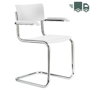 THONET Stahlrohr-Freischwinger S 43 F - Formholzschalen weiß lasiert mit Armlehnen THONET Stahlrohr-Freischwinger S 43 F - Formholzschalen weiß lasiert mit Armlehnen