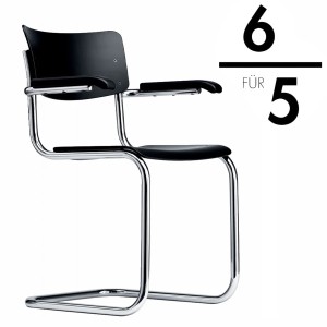 THONET Stahlrohr-Freischwinger S 43 F Formholzschalen schwarz gebeizt mit Armlehnen THONET Stahlrohr-Freischwinger S 43 F Formholzschalen schwarz gebeizt mit Armlehnen