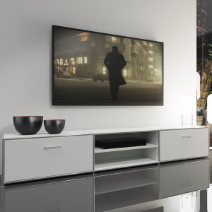 Bosse TV-Lowboard Chrom - in Melamin Weiß mit zwei Klappen und einem Fachboden (ohne Deko) Bosse TV-Lowboard Chrom - in Melamin Weiß mit zwei Klappen und einem Fachboden (ohne Deko)