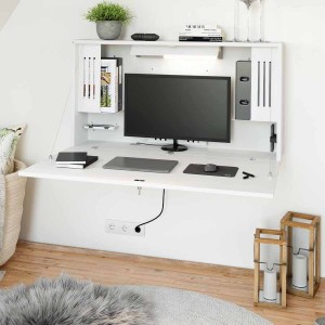 Wandschreibtisch weiß - geöffnet mit Monitor Wandschreibtisch weiß - geöffnet mit Monitor