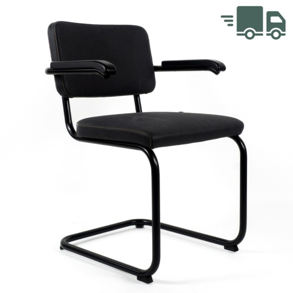 THONET Stahlrohr-Freischwinger S 64 PV | Polstersitz Nubukleder schwarz | Armlehnen