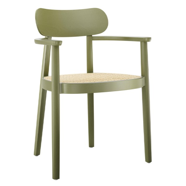 THONET 118 FV Holzstuhl mit Armlehnen | Rohrgeflecht-Sitz | Buche gebeizt olivgrün 