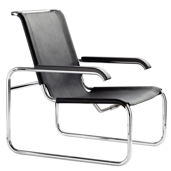 THONET Stahlrohr Loungesessel S 35 mit Armlehnen Leder schwarz - Gestell verchromt